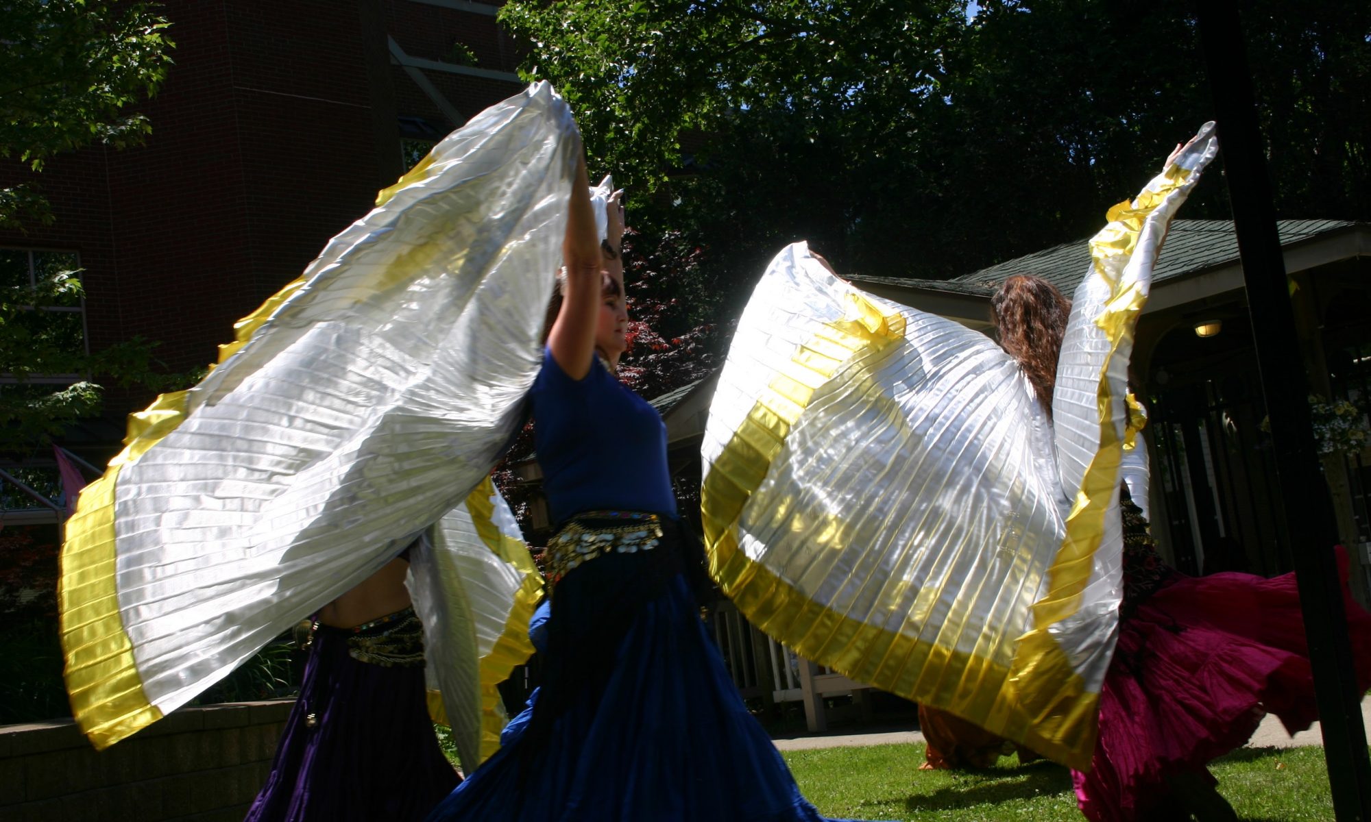 Dancers with colourful skirts and golden wings