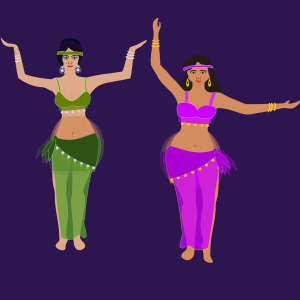 colourful drawing of two belly dancers with arms raised